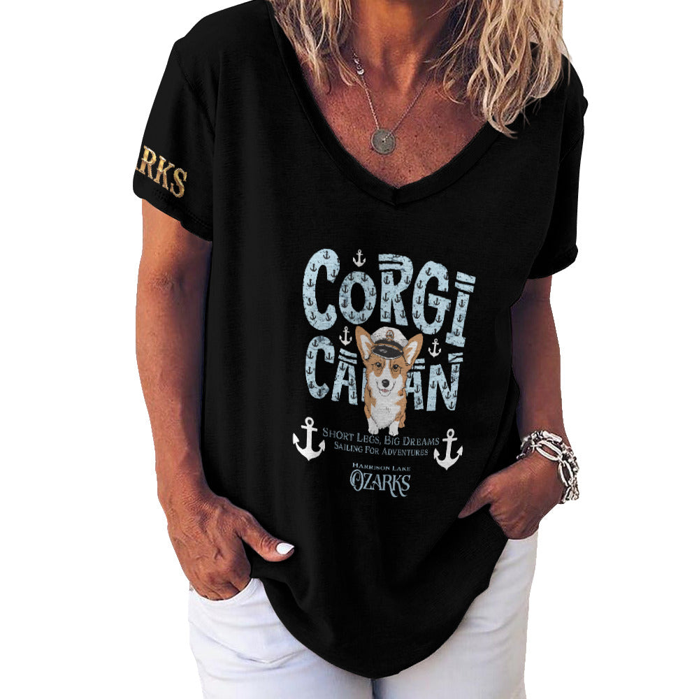 V Neck Short-sleeve Women Shirt Printed | Ozarks Essentials For Her | Corgi Captain