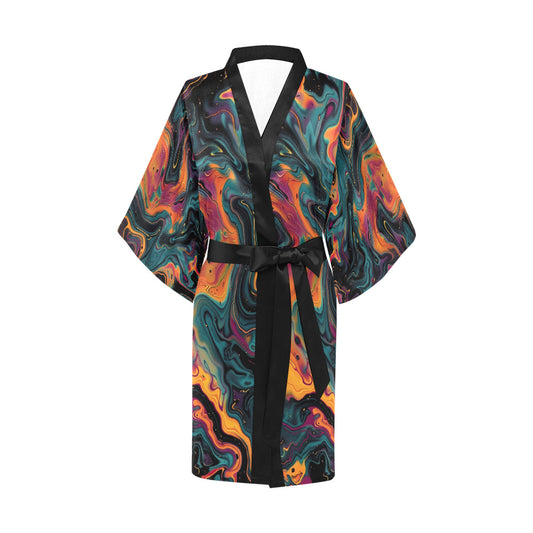 Women's Short Black Kimono Robe | Marble Swirls