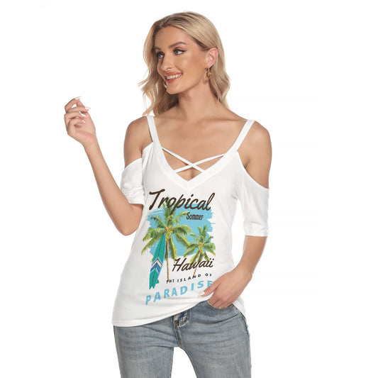 Women's Cold Shoulder T-shirt With Criss Cross Strips | Tropical Paradise