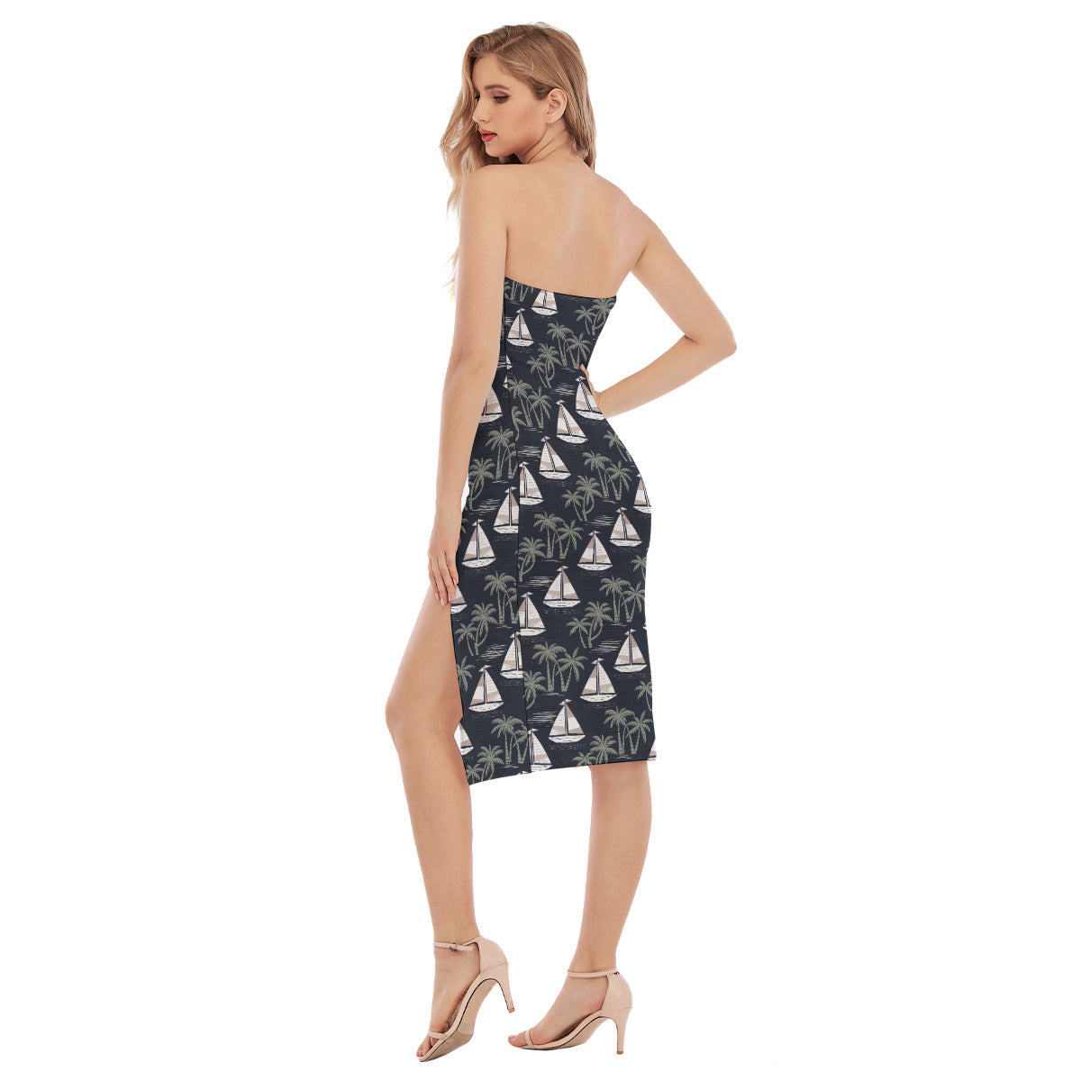 Women’s Side Split Strapless Dress | Coastal Chic Summer Style | Bay & Breeze | Sailboat & Palm