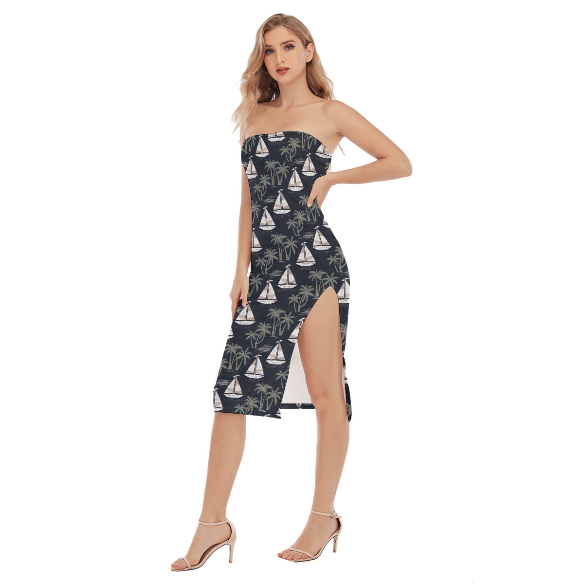 Women’s Side Split Strapless Dress | Coastal Chic Summer Style | Bay & Breeze | Sailboat & Palm