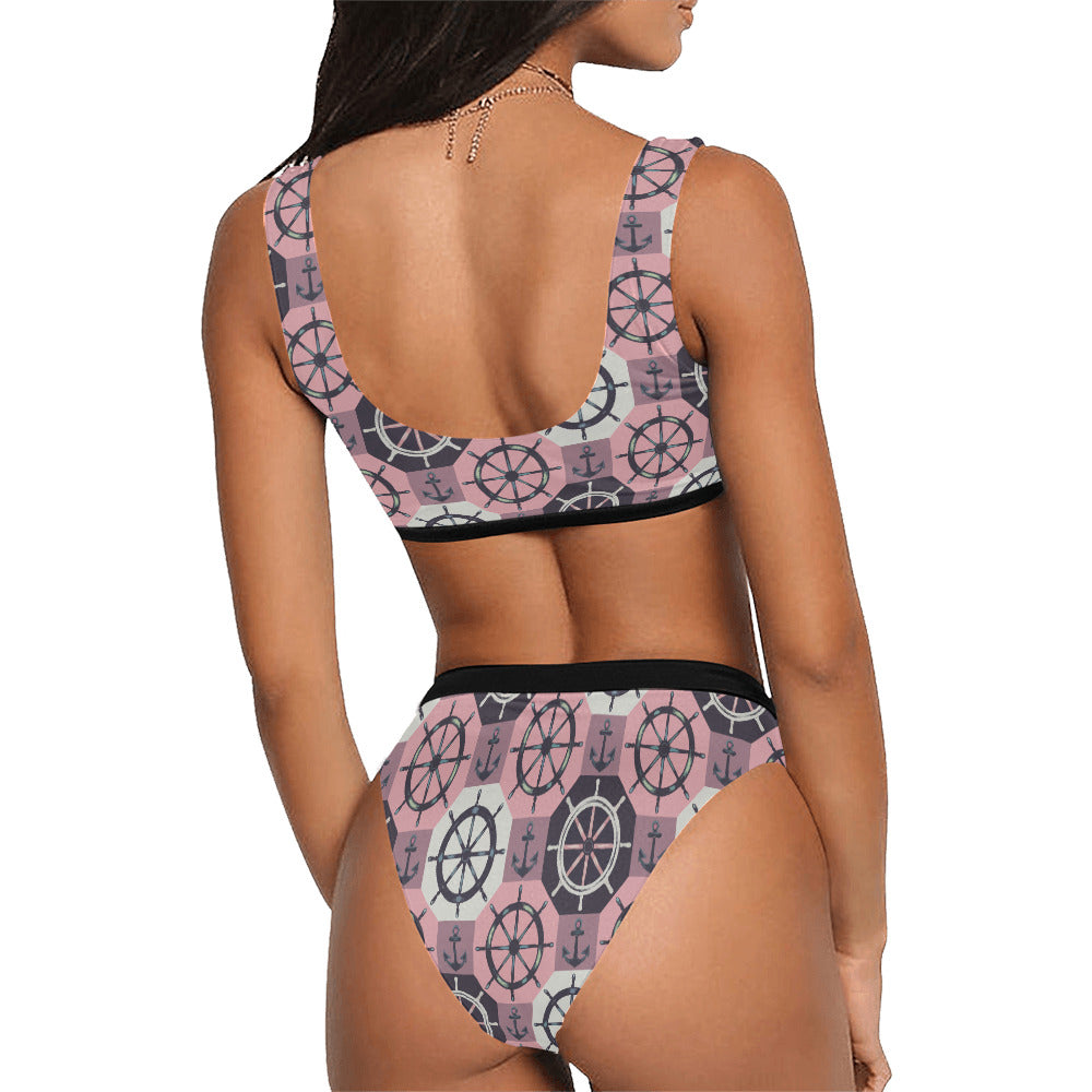 Sport Top & High-Waisted Bikini Swimsuit | Sail & Sun | Pink Nautical Wheel