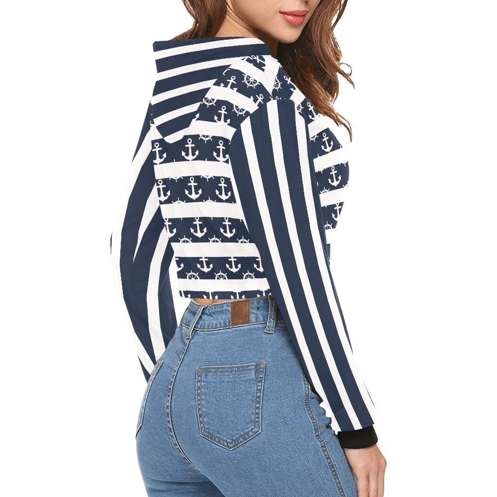 Women's All Over Print Cropped Hoodie | Sweatshirt for Her | Nautical Anchor – Navy & White Striped