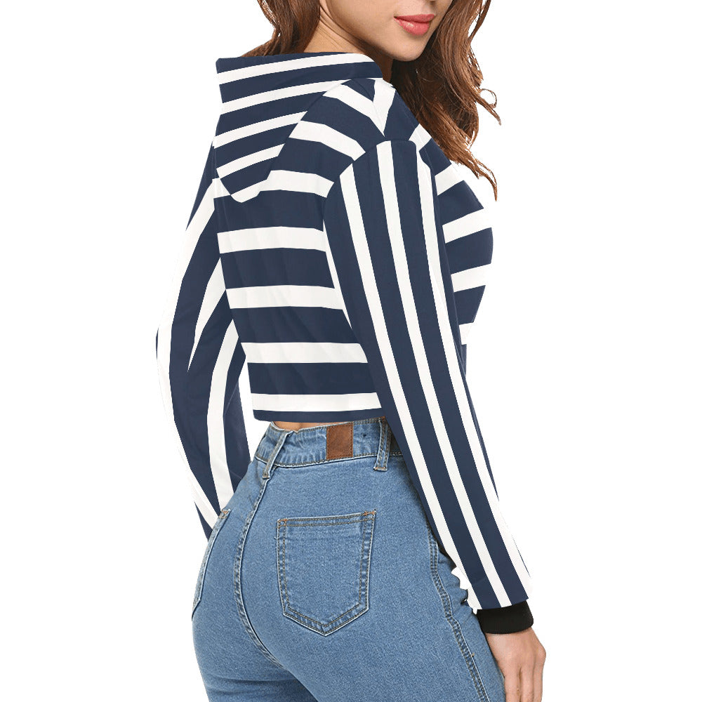 Women's All Over Print Cropped Hoodie | Sweatshirt for Her | Nautical Anchor – Navy & White Striped