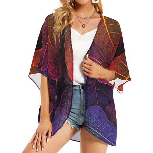 Women's Kimono Chiffon Cover Up (H51) | Tropical Leaves, Purple Shades