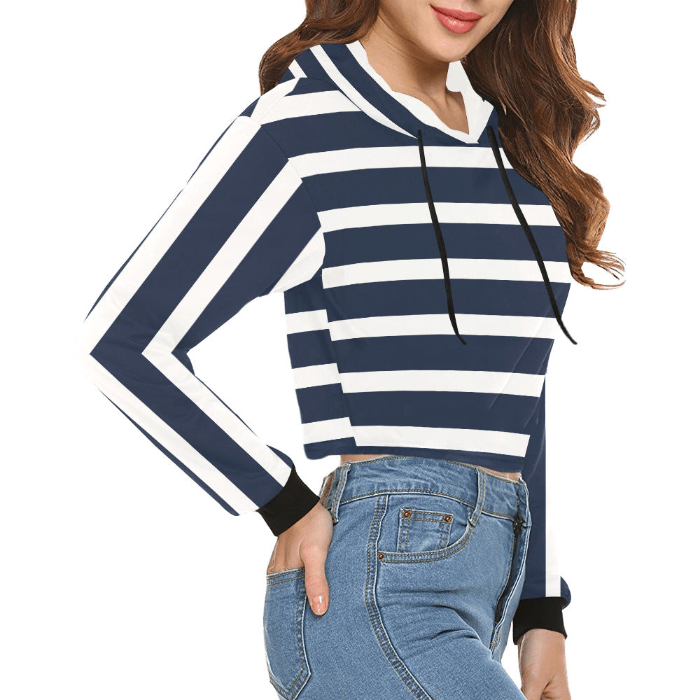 Women's All Over Print Cropped Hoodie | Sweatshirt for Her | Nautical Anchor – Navy & White Striped