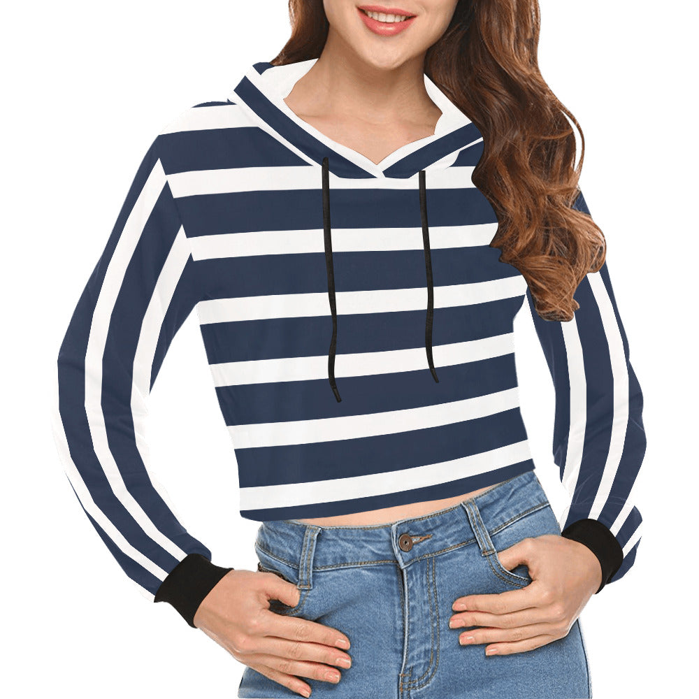 Women's All Over Print Cropped Hoodie | Sweatshirt for Her | Nautical Anchor – Navy & White Striped