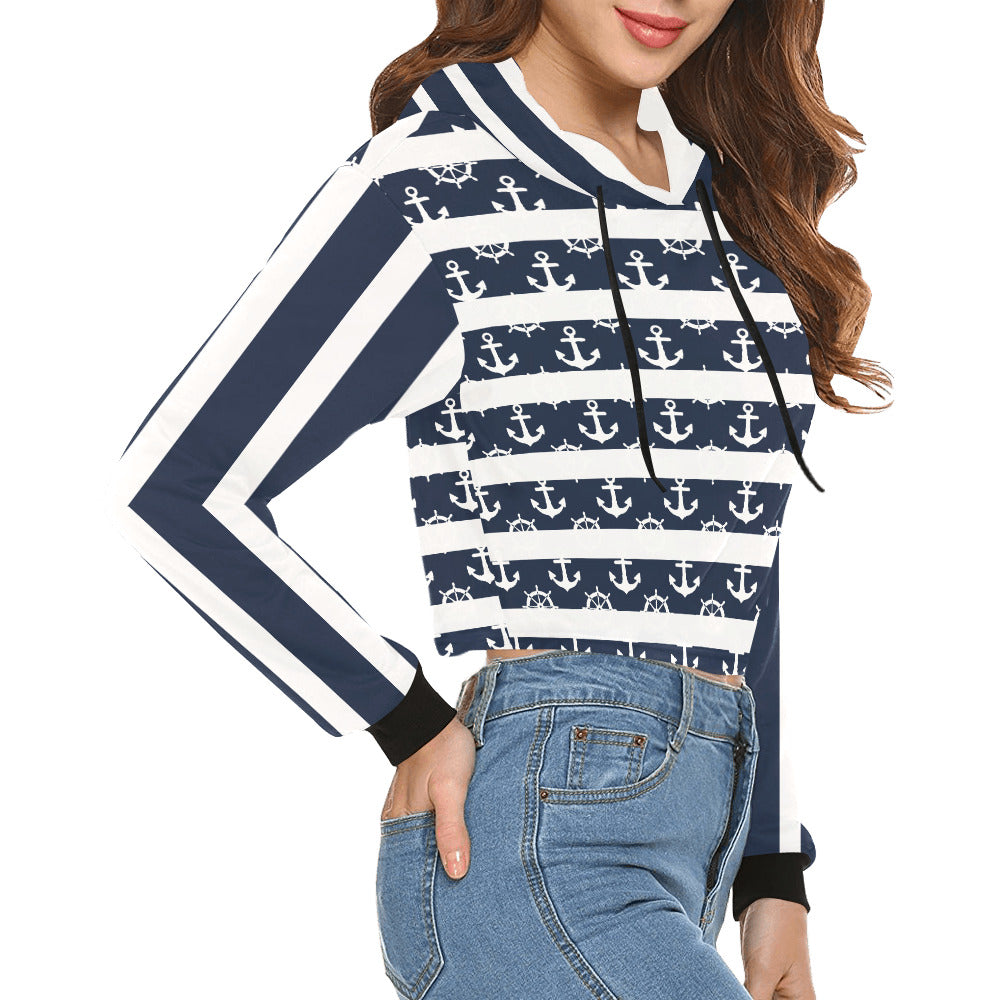 Women's All Over Print Cropped Hoodie | Sweatshirt for Her | Nautical Anchor – Navy & White Striped