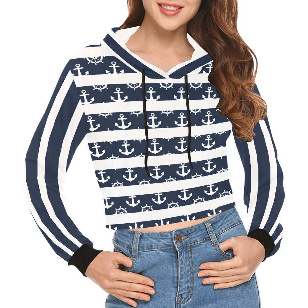 Women's All Over Print Cropped Hoodie | Sweatshirt for Her | Nautical Anchor – Navy & White Striped