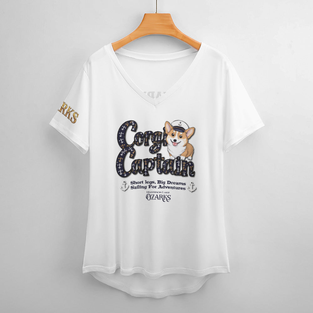 V Neck Short-sleeve Women Shirt Printed | Ozarks Essentials For Her | Corgi Captain