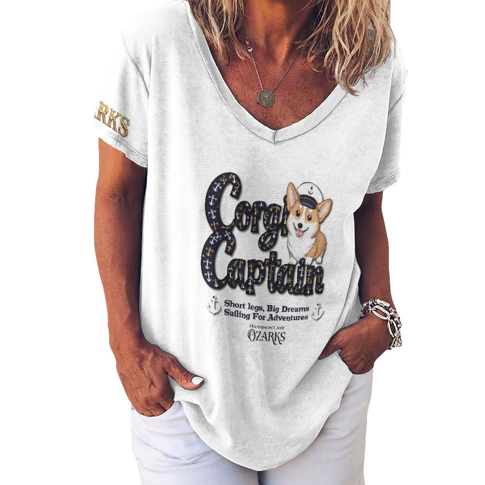 V Neck Short-sleeve Women Shirt Printed | Ozarks Essentials For Her | Corgi Captain