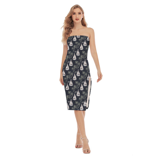 Women’s Side Split Strapless Dress |  Coastal Chic Summer Style | Bay & Breeze | Sailboat & Palm
