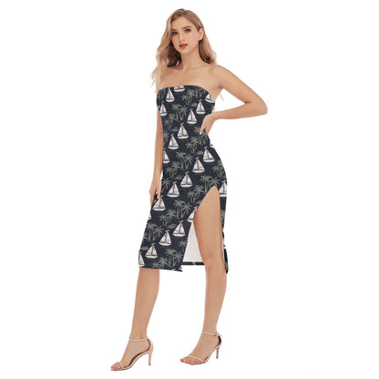 Women’s Side Split Strapless Dress |  Coastal Chic Summer Style | Bay & Breeze | Sailboat & Palm