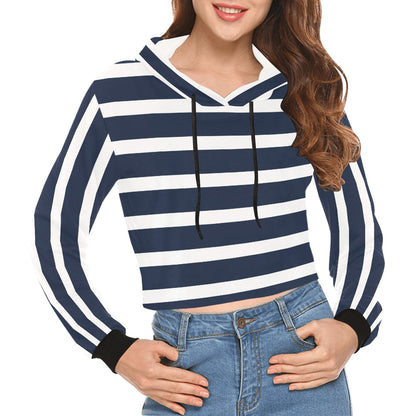 Women's All Over Print Cropped Hoodie | Sweatshirt for Her | Nautical Anchor – Navy & White Striped