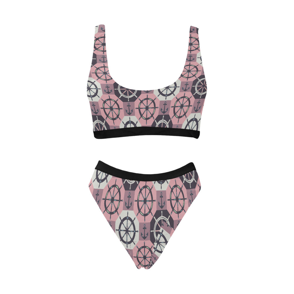 Sport Top & High-Waisted Bikini Swimsuit | Sail & Sun | Pink Nautical Wheel