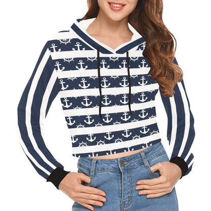 Women's All Over Print Cropped Hoodie | Sweatshirt for Her | Nautical Anchor – Navy & White Striped