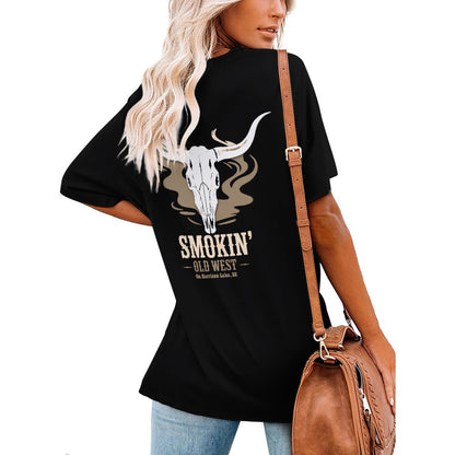 New V Neck Short-sleeve Women Shirt Printed | Smokin' Old West | Black