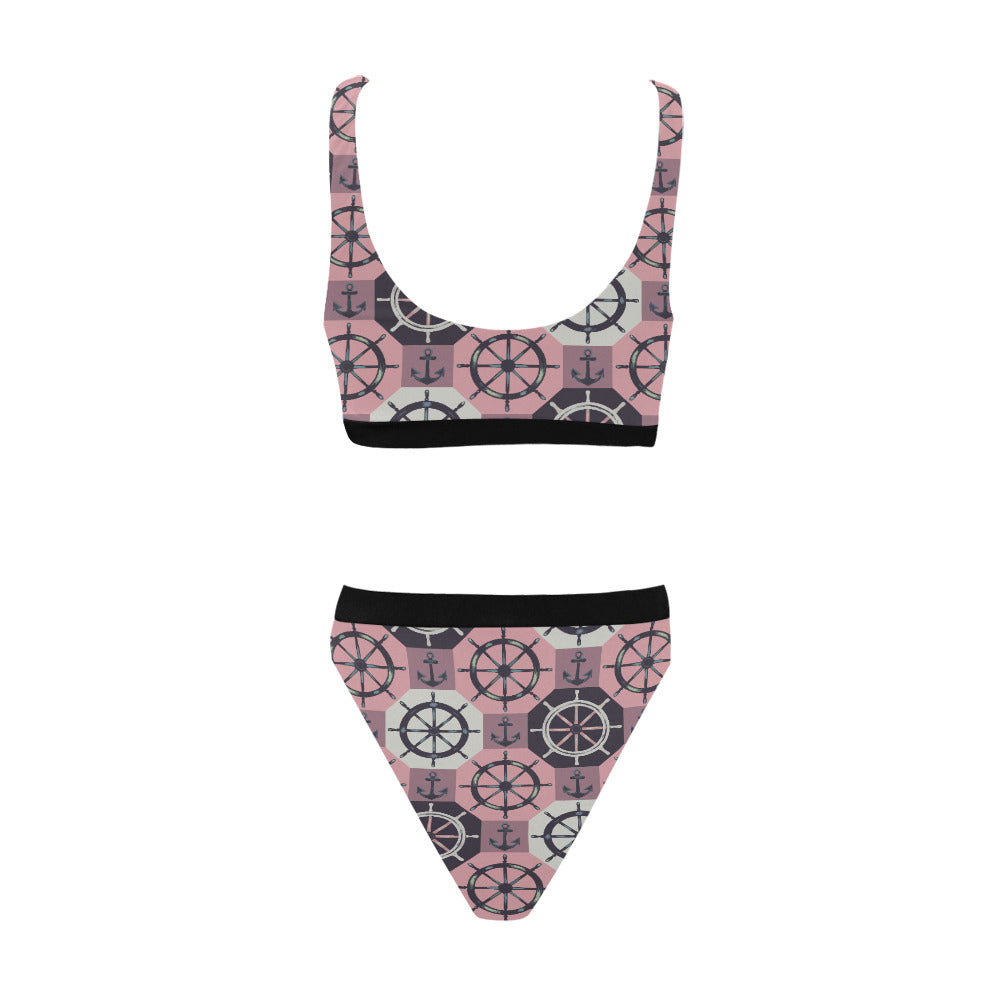 Sport Top & High-Waisted Bikini Swimsuit | Sail & Sun | Pink Nautical Wheel