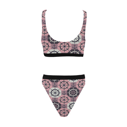 Sport Top & High-Waisted Bikini Swimsuit | Sail & Sun | Pink Nautical Wheel