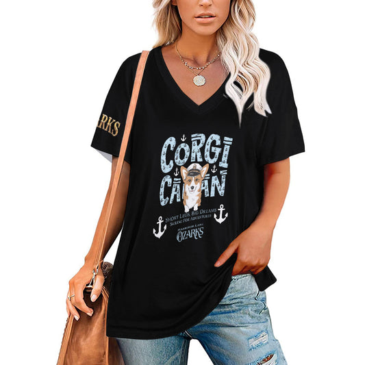 V Neck Short-sleeve Women Shirt Printed | Ozarks Essentials For Her | Corgi Captain